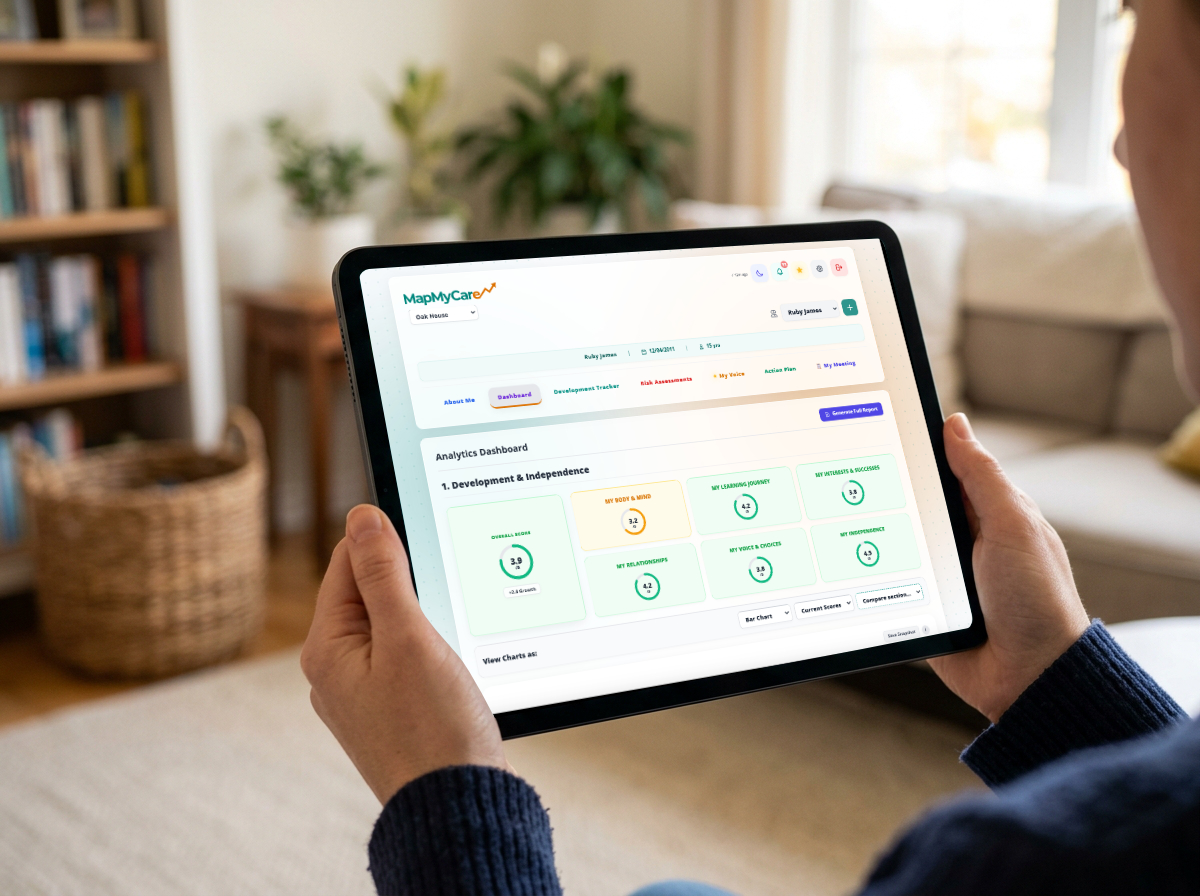 MapMyCare progress overview dashboard on a tablet showing children's progress data