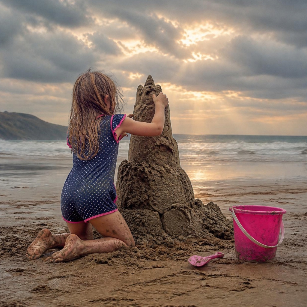 Holly building a sandcastle on the beach