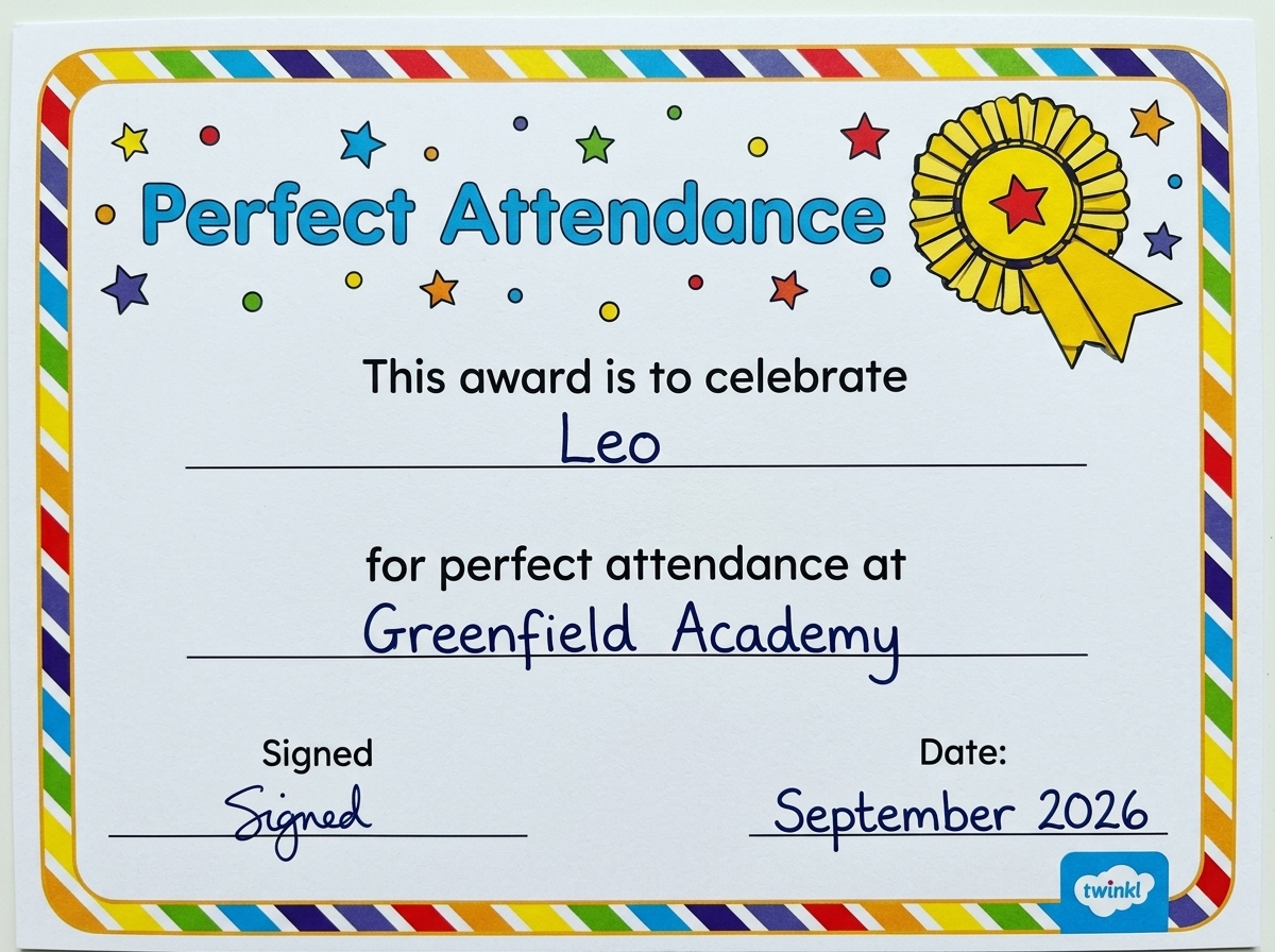 Leo's Greenfield Academy Perfect Attendance Certificate